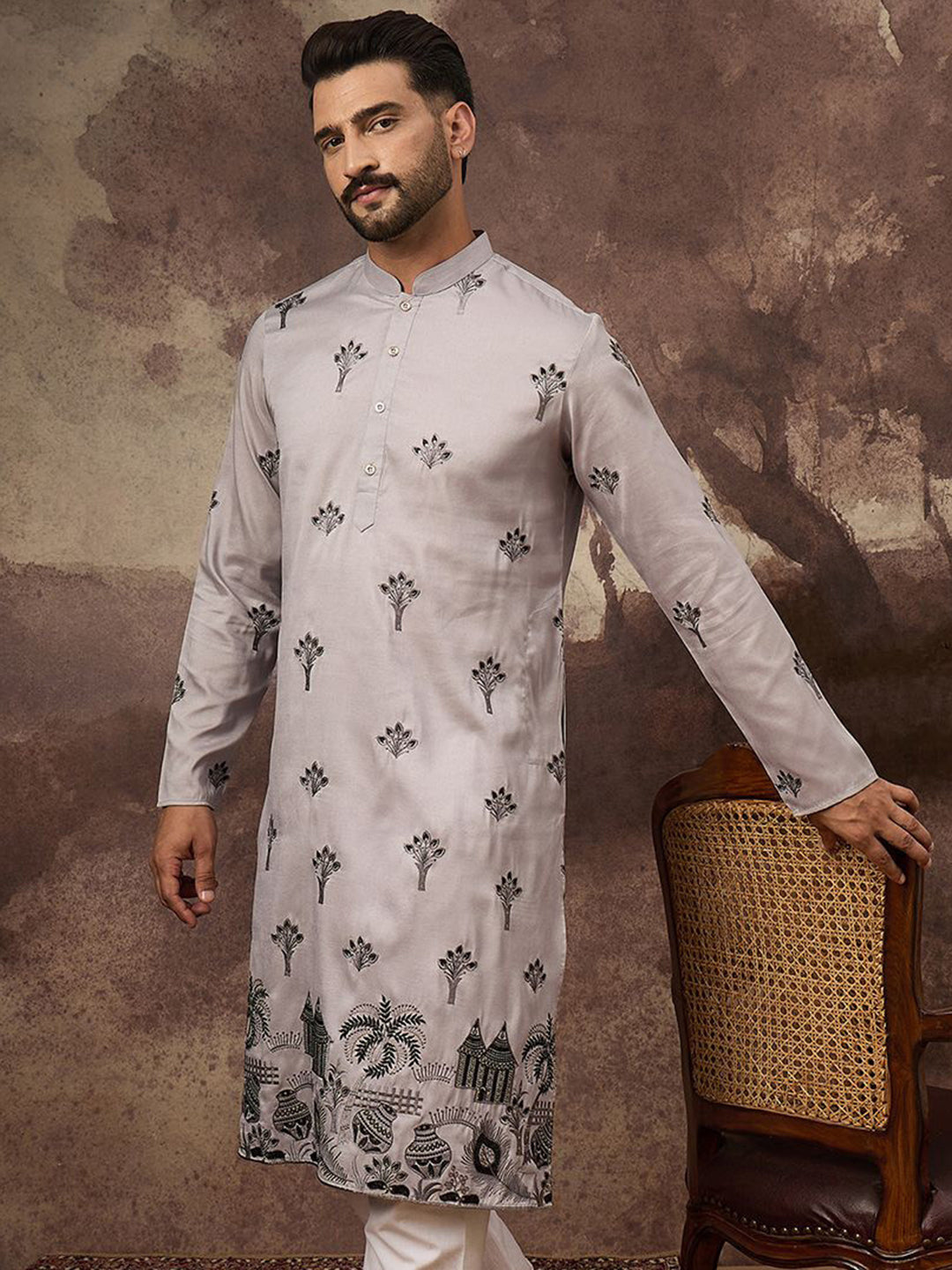 Ethnic Bay Men Grey Silk Blend Solid Embroidered Straight Kurta and Trouser-MKSET1326