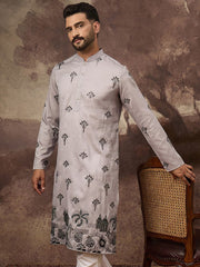 Ethnic Bay Men Grey Silk Blend Solid Embroidered Straight Kurta and Trouser-MKSET1326