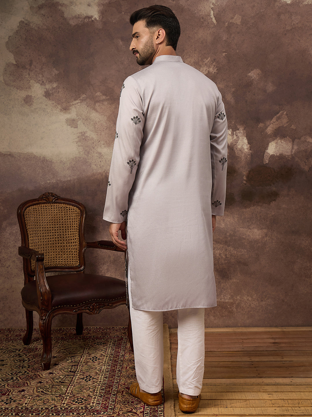 Ethnic Bay Men Grey Silk Blend Solid Embroidered Straight Kurta and Trouser-MKSET1326