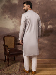 Ethnic Bay Men Grey Silk Blend Solid Embroidered Straight Kurta and Trouser-MKSET1326
