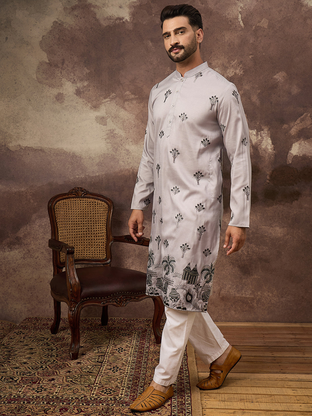 Ethnic Bay Men Grey Silk Blend Solid Embroidered Straight Kurta and Trouser-MKSET1326