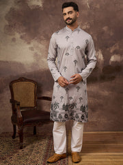 Ethnic Bay Men Grey Silk Blend Solid Embroidered Straight Kurta and Trouser-MKSET1326