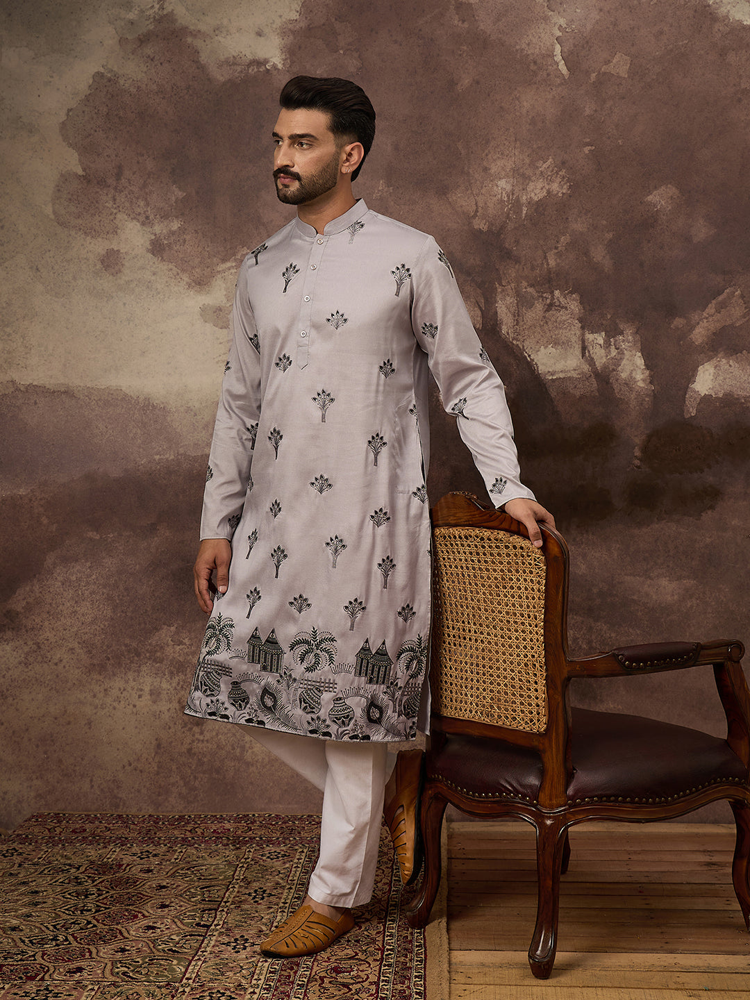 Ethnic Bay Men Grey Silk Blend Solid Embroidered Straight Kurta and Trouser-MKSET1326
