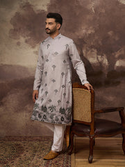 Ethnic Bay Men Grey Silk Blend Solid Embroidered Straight Kurta and Trouser-MKSET1326