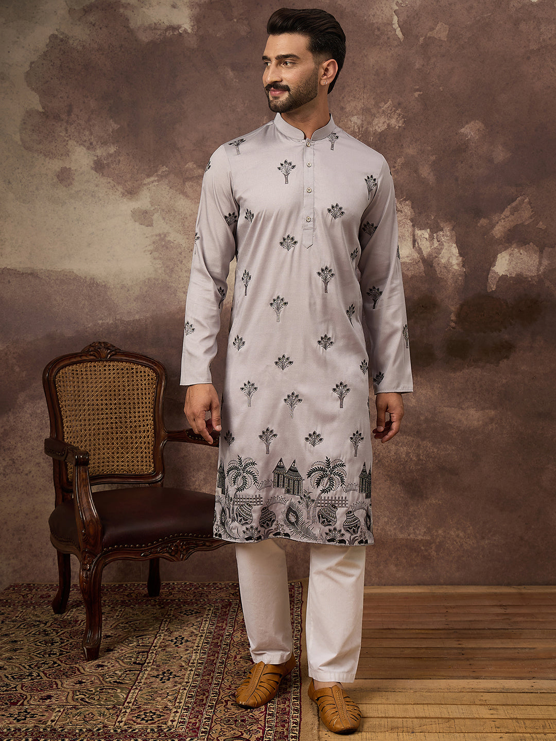 Ethnic Bay Men Grey Silk Blend Solid Embroidered Straight Kurta and Trouser-MKSET1326