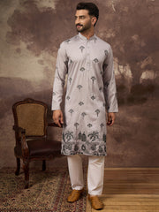 Ethnic Bay Men Grey Silk Blend Solid Embroidered Straight Kurta and Trouser-MKSET1326