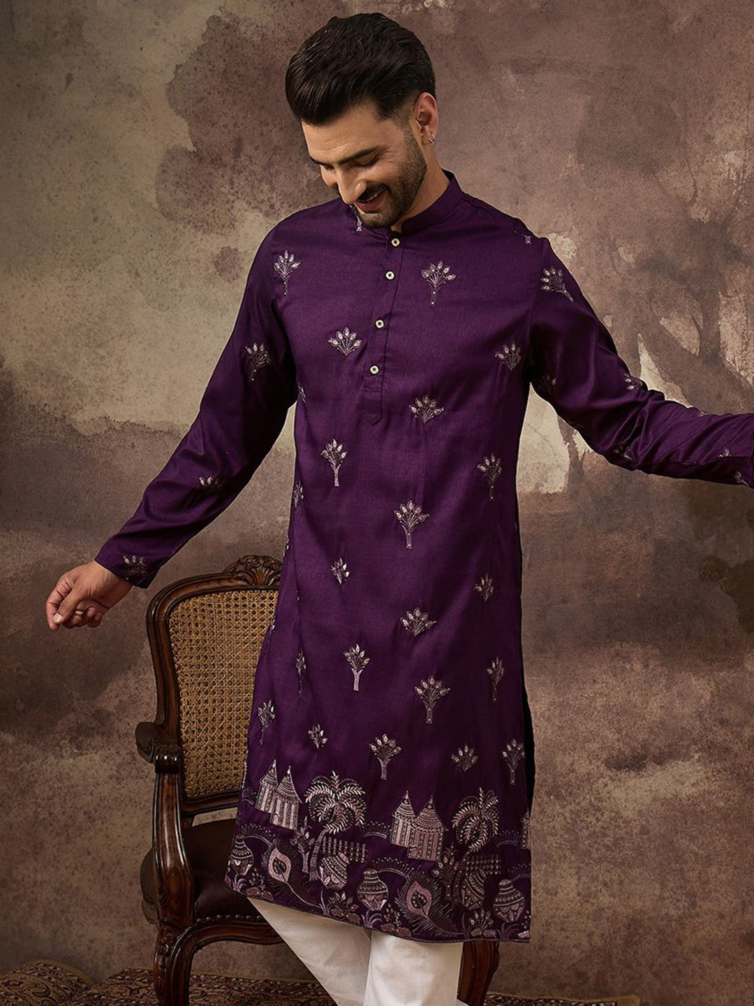 Ethnic Bay Men Purple Silk Blend Solid Embroidered Straight Kurta and Trouser-MKSET1327