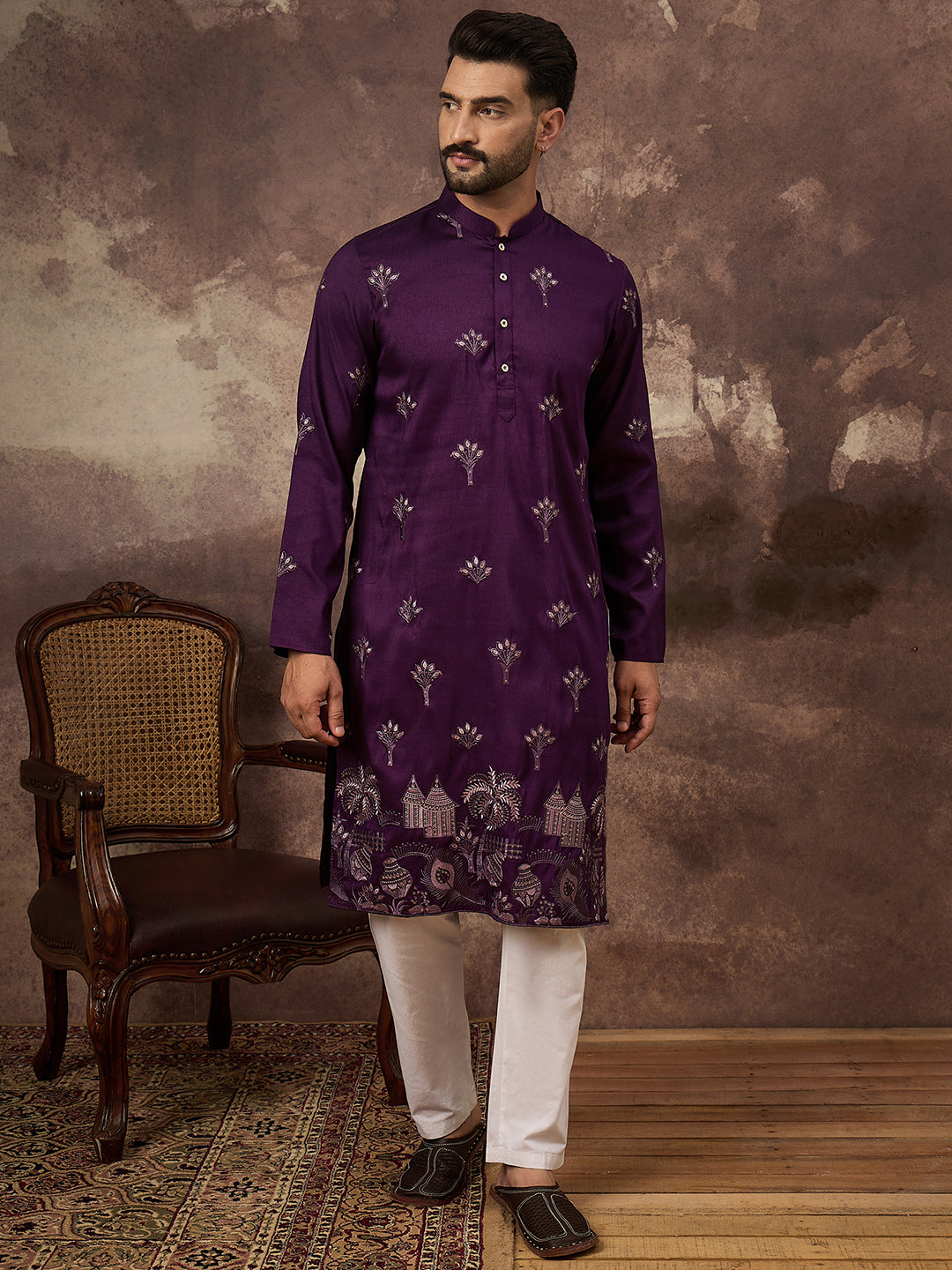 Ethnic Bay Men Purple Silk Blend Solid Embroidered Straight Kurta and Trouser-MKSET1327