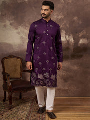 Ethnic Bay Men Purple Silk Blend Solid Embroidered Straight Kurta and Trouser-MKSET1327