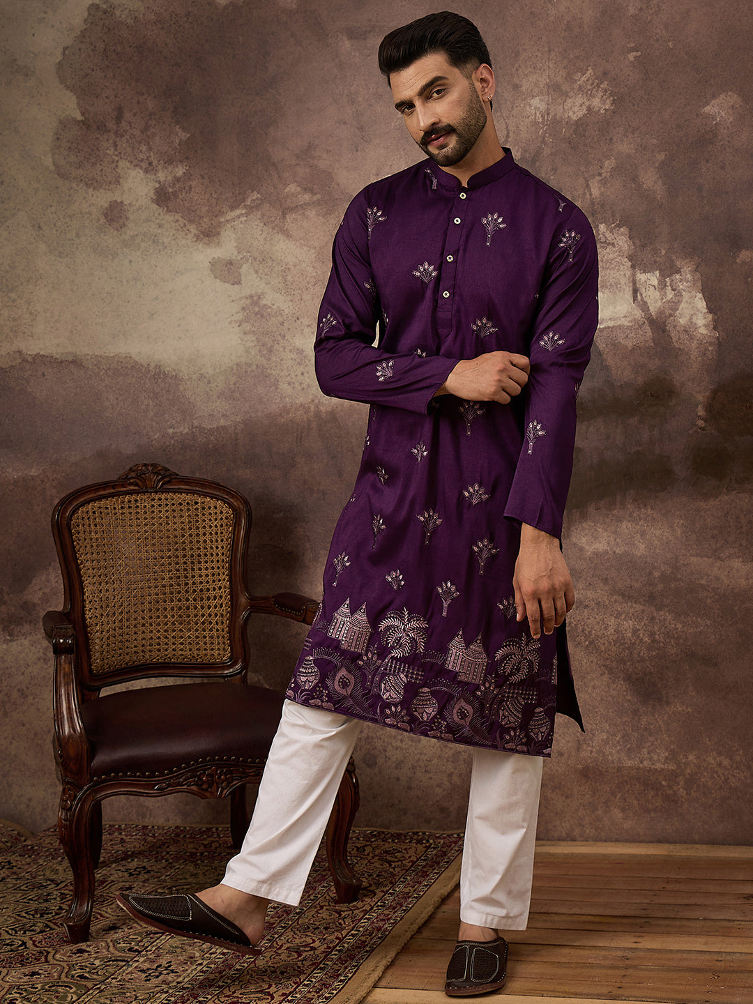 Ethnic Bay Men Purple Silk Blend Solid Embroidered Straight Kurta and Trouser-MKSET1327