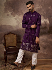 Ethnic Bay Men Purple Silk Blend Solid Embroidered Straight Kurta and Trouser-MKSET1327