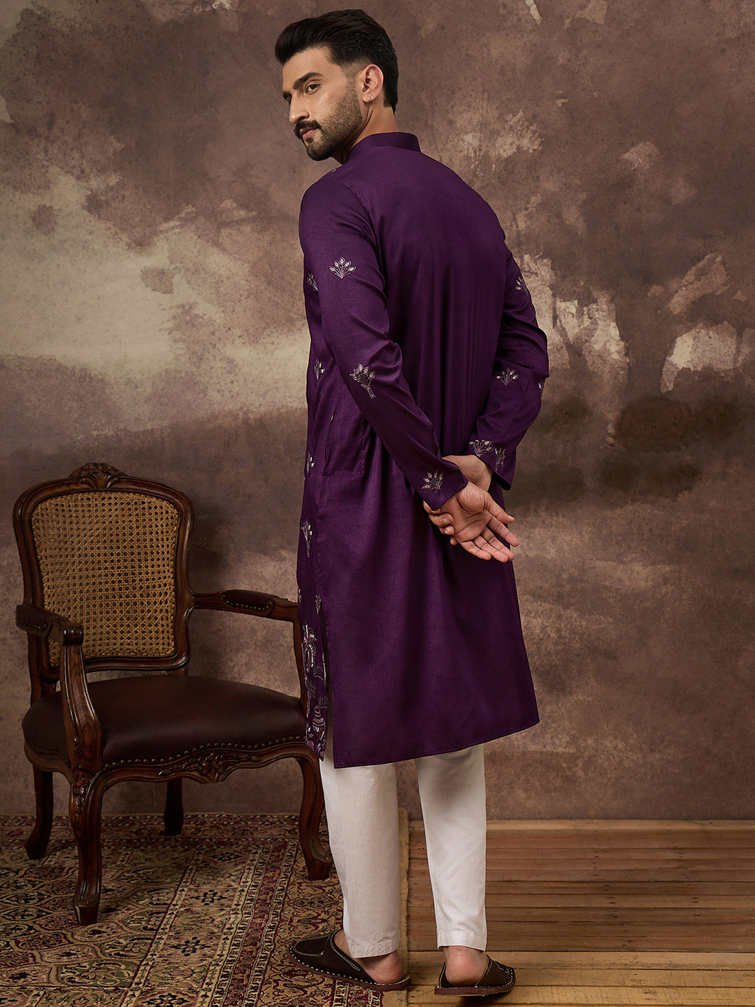 Ethnic Bay Men Purple Silk Blend Solid Embroidered Straight Kurta and Trouser-MKSET1327