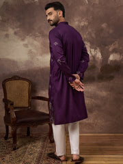 Ethnic Bay Men Purple Silk Blend Solid Embroidered Straight Kurta and Trouser-MKSET1327