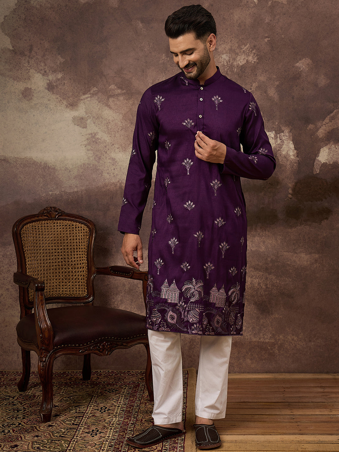 Ethnic Bay Men Purple Silk Blend Solid Embroidered Straight Kurta and Trouser-MKSET1327