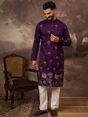 Ethnic Bay Men Purple Silk Blend Solid Embroidered Straight Kurta and Trouser-MKSET1327