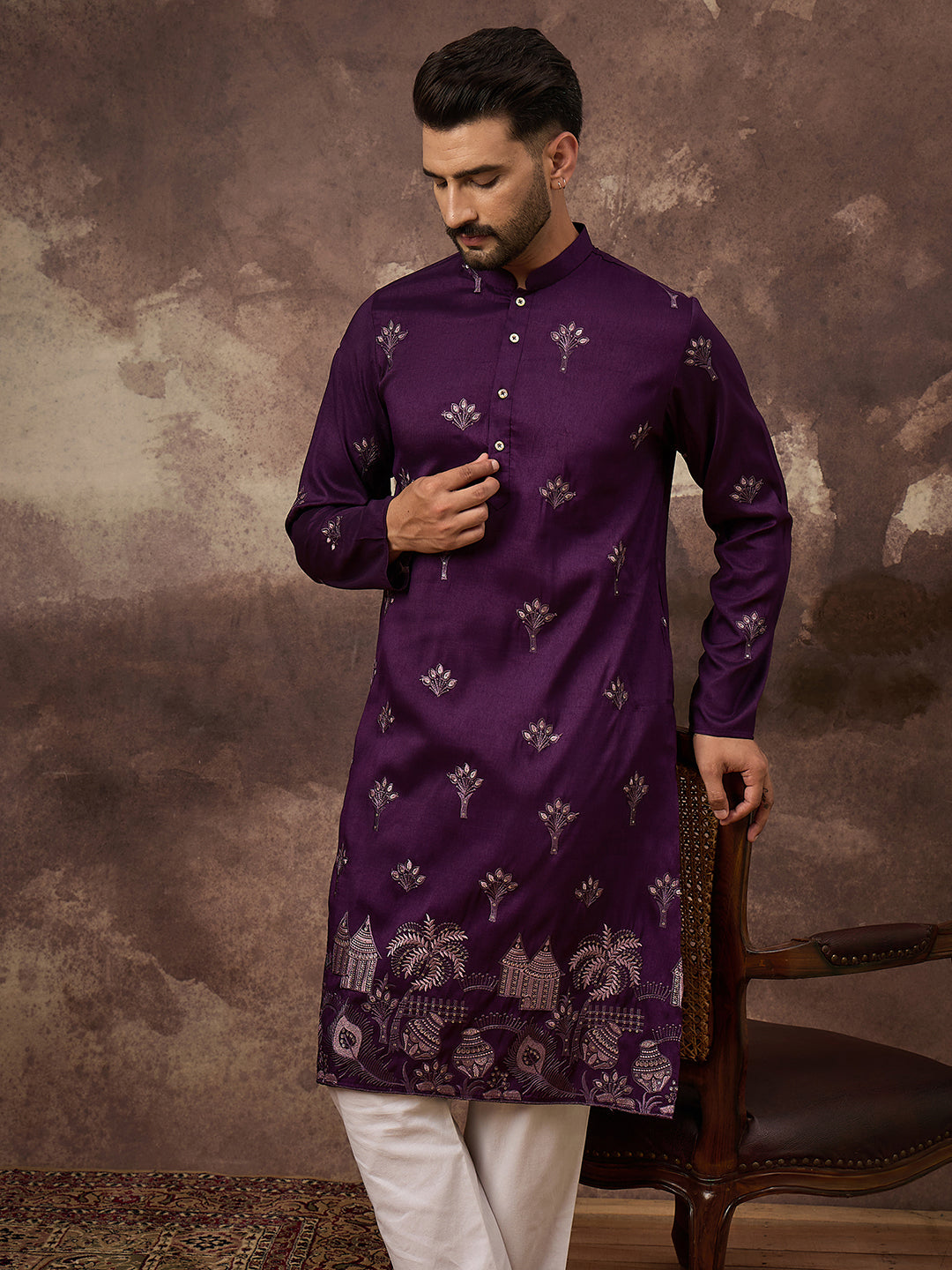 Ethnic Bay Men Purple Silk Blend Solid Embroidered Straight Kurta and Trouser-MKSET1327