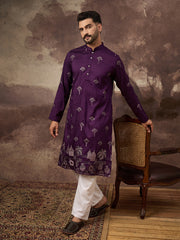 Ethnic Bay Men Purple Silk Blend Solid Embroidered Straight Kurta and Trouser-MKSET1327