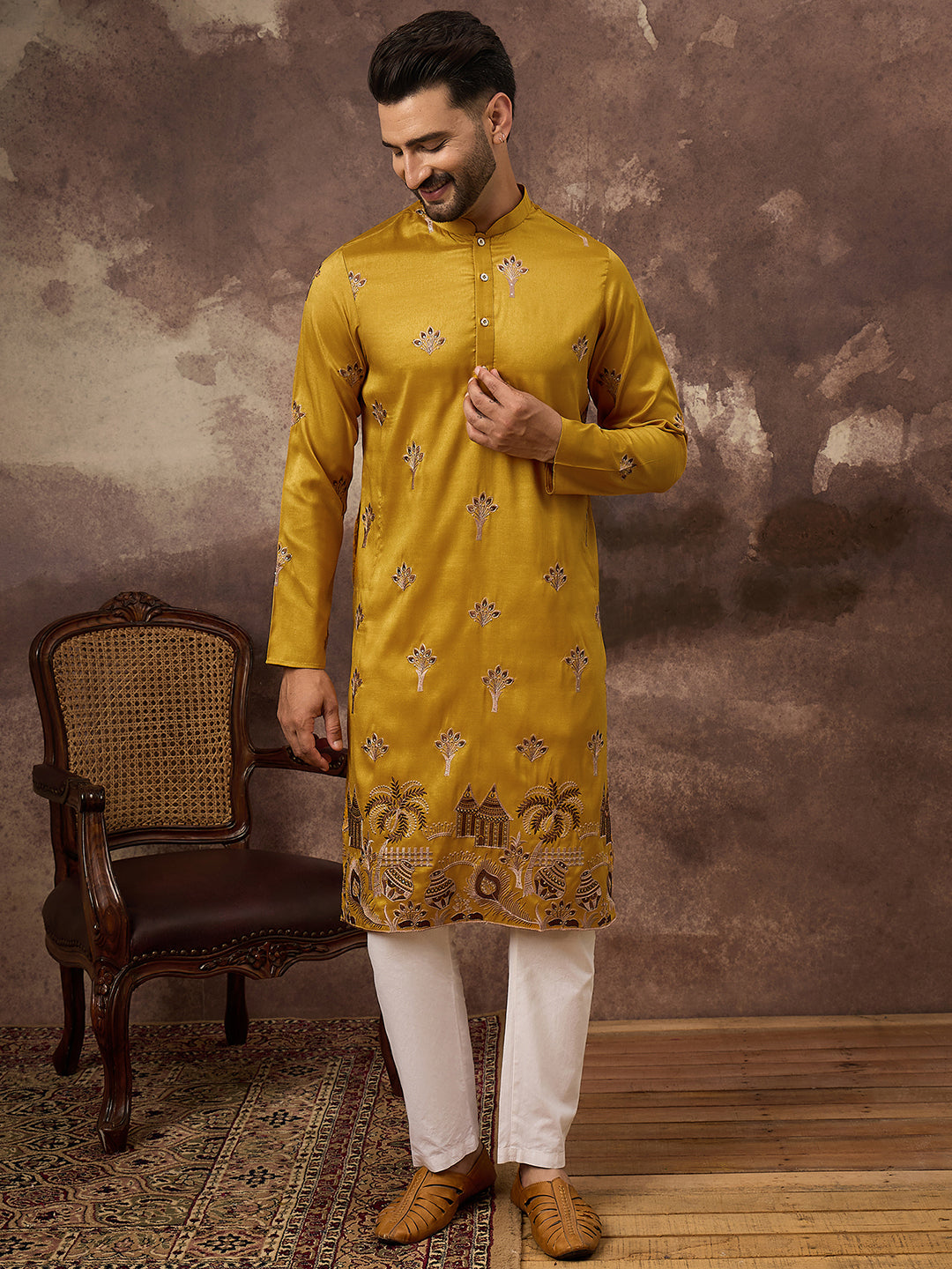 Ethnic Bay Men Yellow Silk Blend Solid Embroidered Straight Kurta and Trouser-MKSET1328
