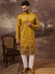 Ethnic Bay Men Yellow Silk Blend Solid Embroidered Straight Kurta and Trouser-MKSET1328