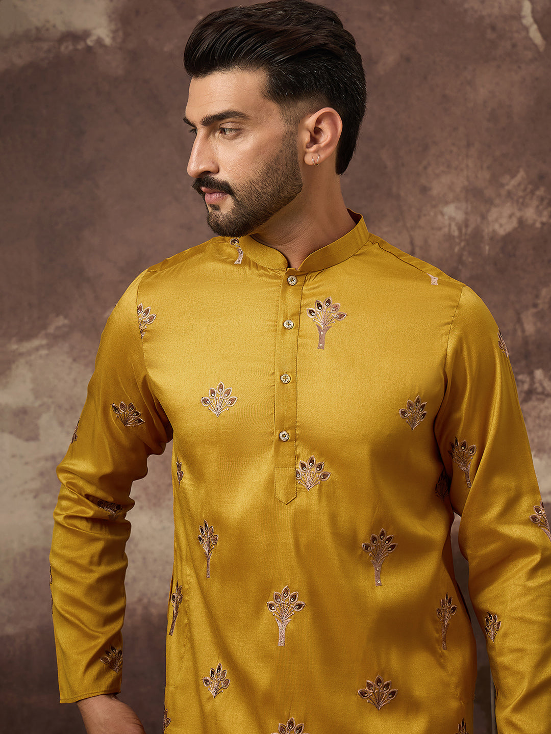 Ethnic Bay Men Yellow Silk Blend Solid Embroidered Straight Kurta and Trouser-MKSET1328