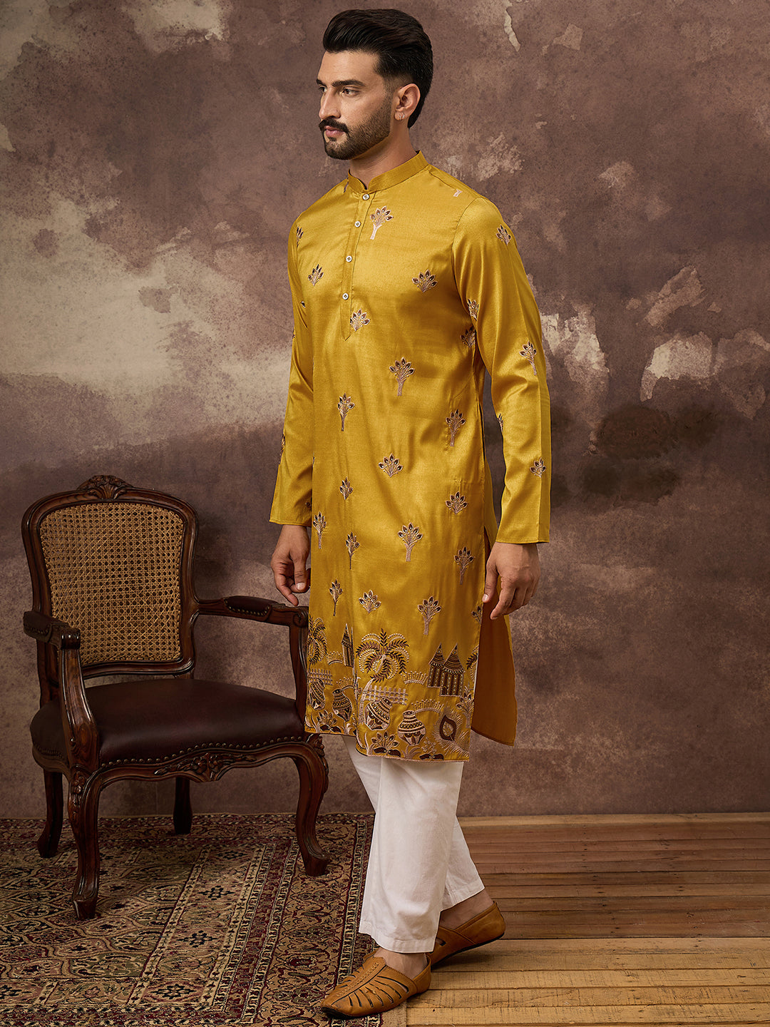 Ethnic Bay Men Yellow Silk Blend Solid Embroidered Straight Kurta and Trouser-MKSET1328