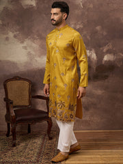 Ethnic Bay Men Yellow Silk Blend Solid Embroidered Straight Kurta and Trouser-MKSET1328