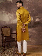 Ethnic Bay Men Yellow Silk Blend Solid Embroidered Straight Kurta and Trouser-MKSET1328