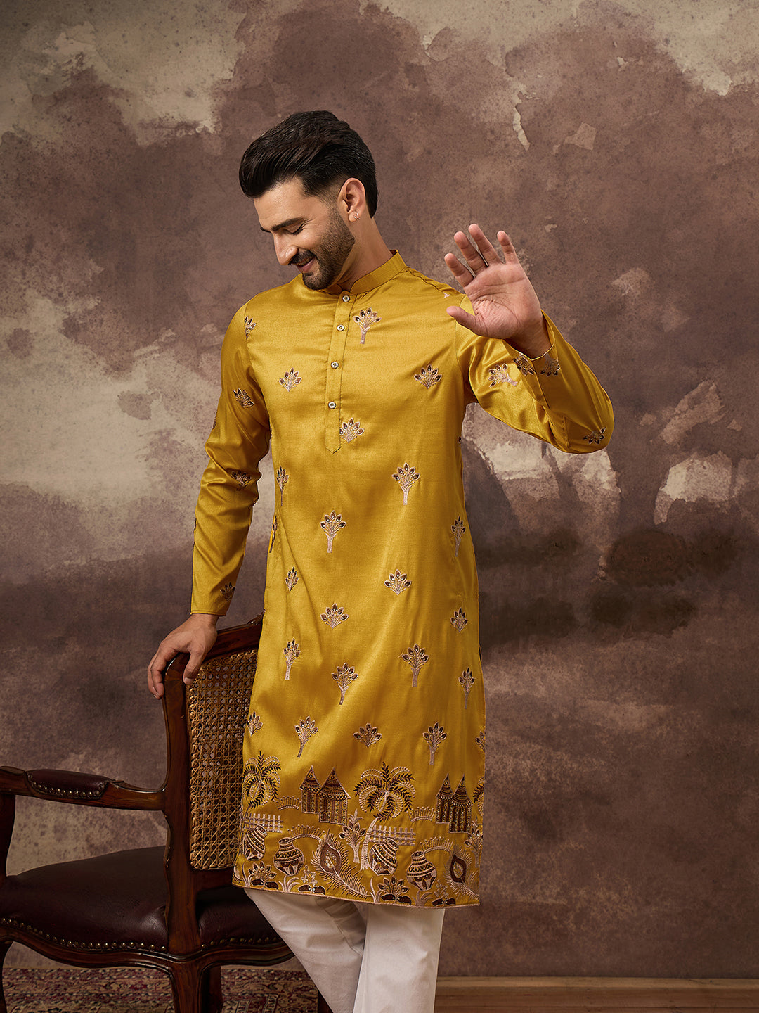 Ethnic Bay Men Yellow Silk Blend Solid Embroidered Straight Kurta and Trouser-MKSET1328