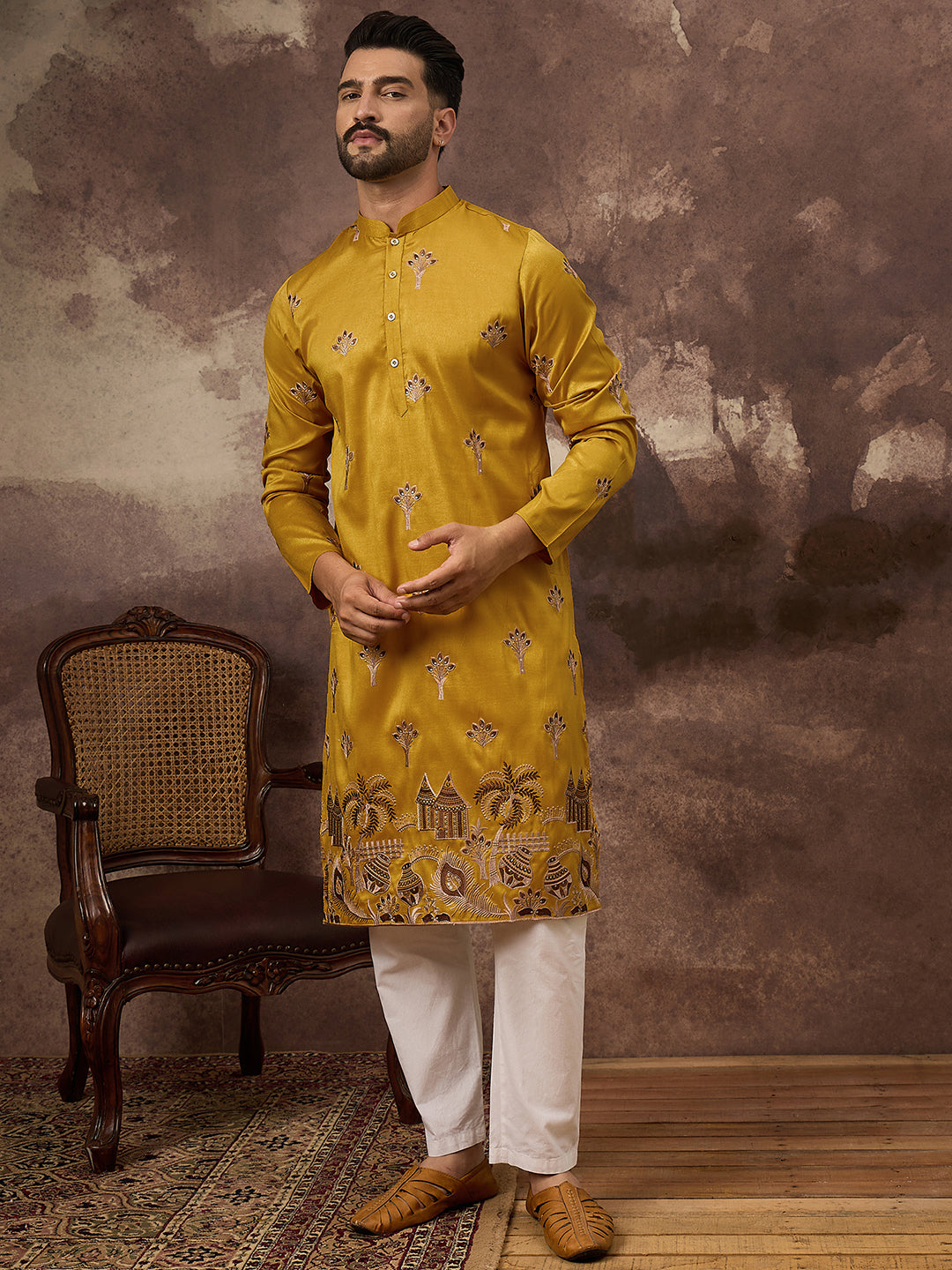 Ethnic Bay Men Yellow Silk Blend Solid Embroidered Straight Kurta and Trouser-MKSET1328