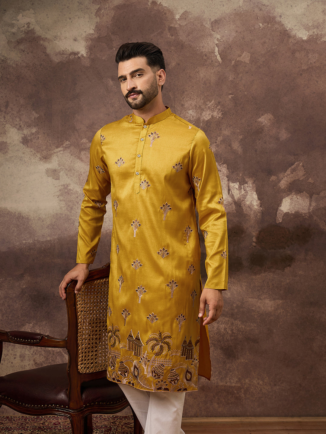 Ethnic Bay Men Yellow Silk Blend Solid Embroidered Straight Kurta and Trouser-MKSET1328