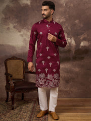 Ethnic Bay Men Maroon Silk Blend Solid Embroidered Straight Kurta and Trouser-MKSET1329