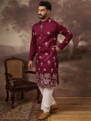 Ethnic Bay Men Maroon Silk Blend Solid Embroidered Straight Kurta and Trouser-MKSET1329