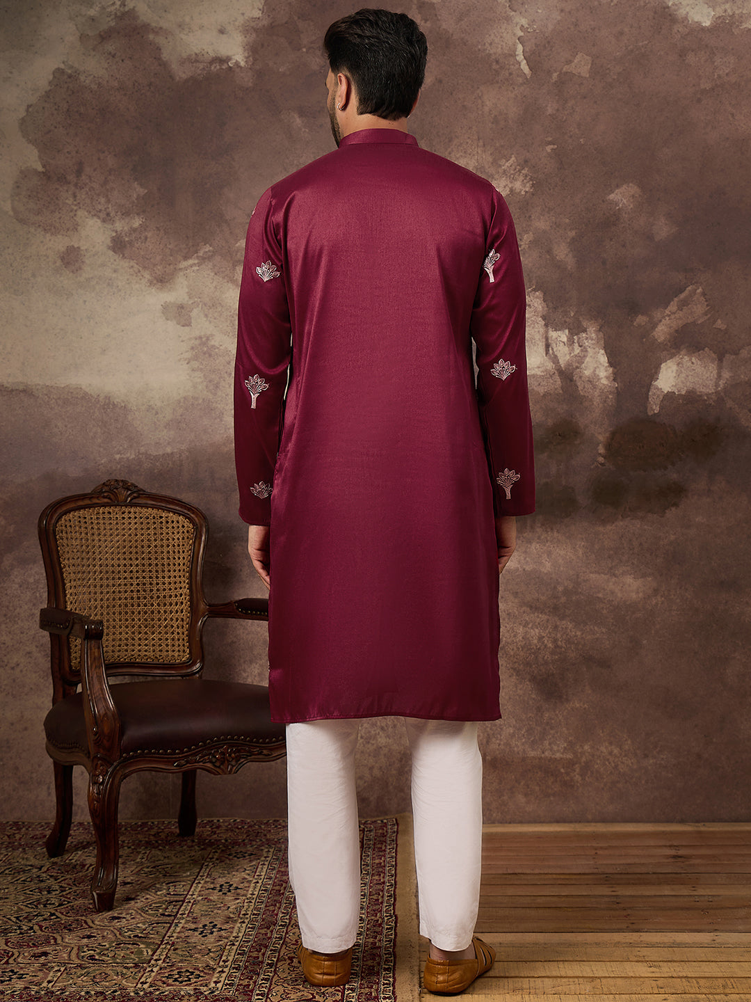 Ethnic Bay Men Maroon Silk Blend Solid Embroidered Straight Kurta and Trouser-MKSET1329