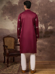 Ethnic Bay Men Maroon Silk Blend Solid Embroidered Straight Kurta and Trouser-MKSET1329