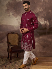 Ethnic Bay Men Maroon Silk Blend Solid Embroidered Straight Kurta and Trouser-MKSET1329