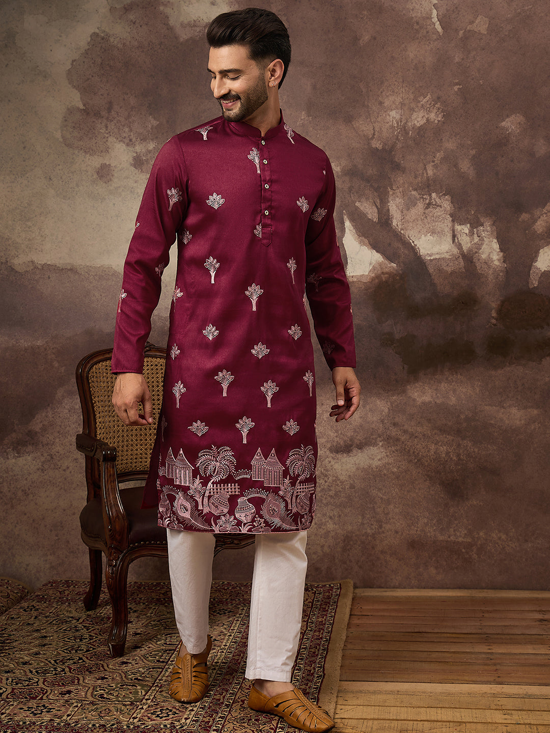 Ethnic Bay Men Maroon Silk Blend Solid Embroidered Straight Kurta and Trouser-MKSET1329