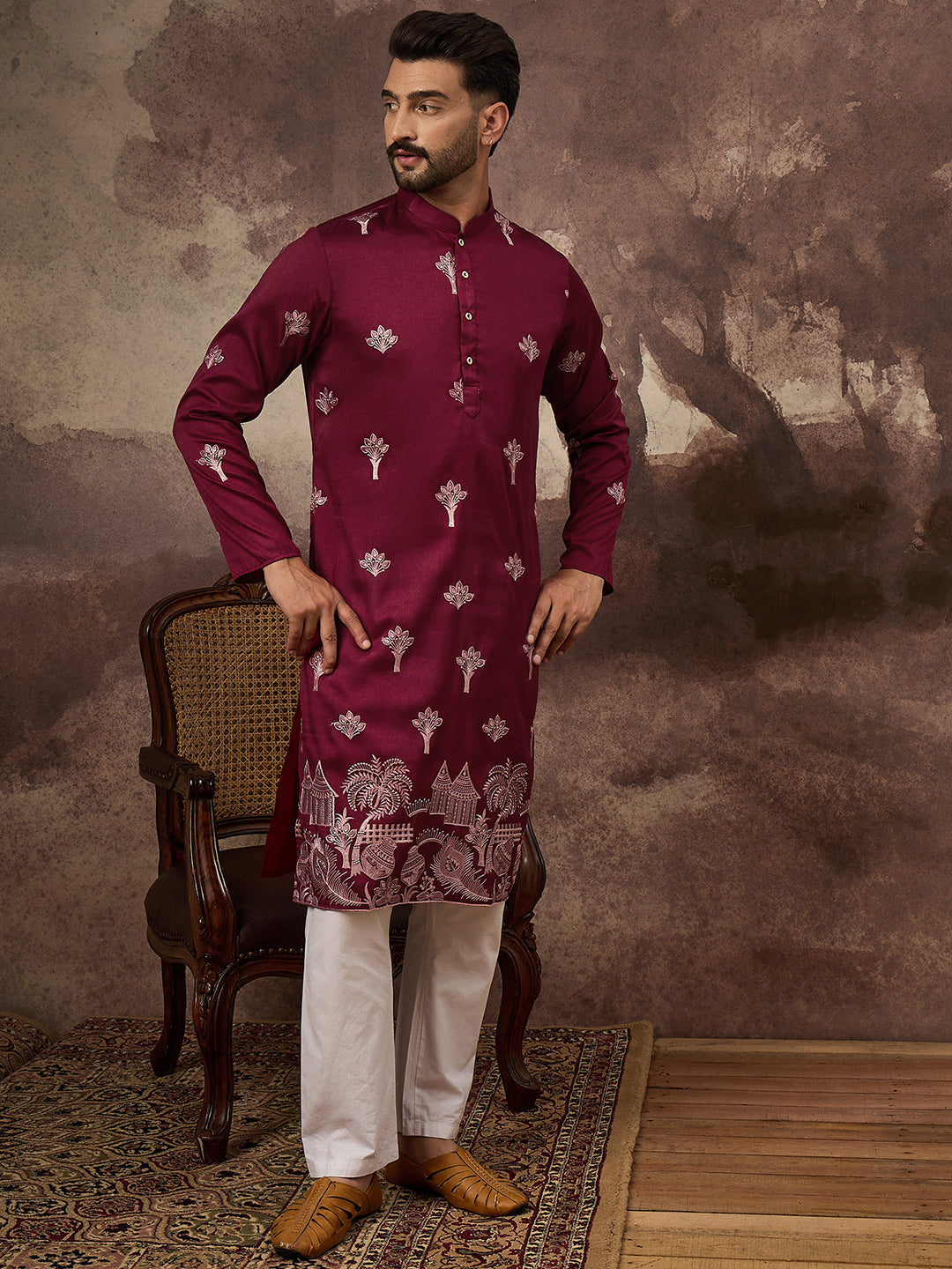 Ethnic Bay Men Maroon Silk Blend Solid Embroidered Straight Kurta and Trouser-MKSET1329