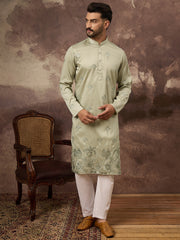 Ethnic Bay Men Green Silk Blend Solid Embroidered Straight Kurta and Trouser-MKSET1330