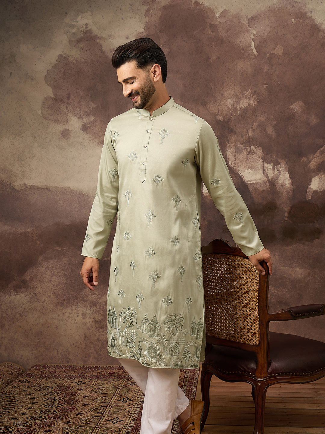 Ethnic Bay Men Green Silk Blend Solid Embroidered Straight Kurta and Trouser-MKSET1330