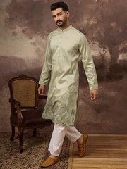 Ethnic Bay Men Green Silk Blend Solid Embroidered Straight Kurta and Trouser-MKSET1330
