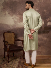 Ethnic Bay Men Green Silk Blend Solid Embroidered Straight Kurta and Trouser-MKSET1330