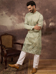 Ethnic Bay Men Green Silk Blend Solid Embroidered Straight Kurta and Trouser-MKSET1330
