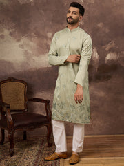 Ethnic Bay Men Green Silk Blend Solid Embroidered Straight Kurta and Trouser-MKSET1330