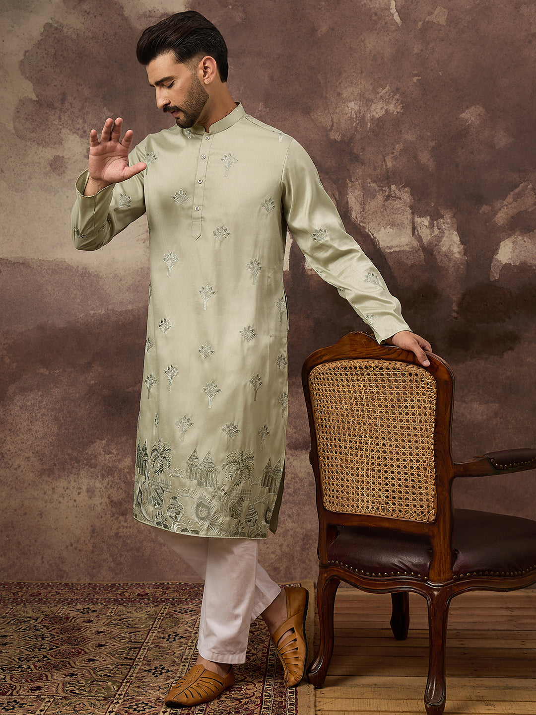 Ethnic Bay Men Green Silk Blend Solid Embroidered Straight Kurta and Trouser-MKSET1330