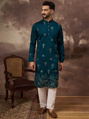 Ethnic Bay Men Blue Silk Blend Solid Embroidered Straight Kurta and Trouser-MKSET1331