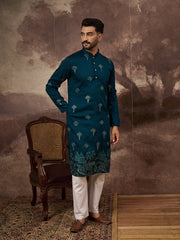 Ethnic Bay Men Blue Silk Blend Solid Embroidered Straight Kurta and Trouser-MKSET1331