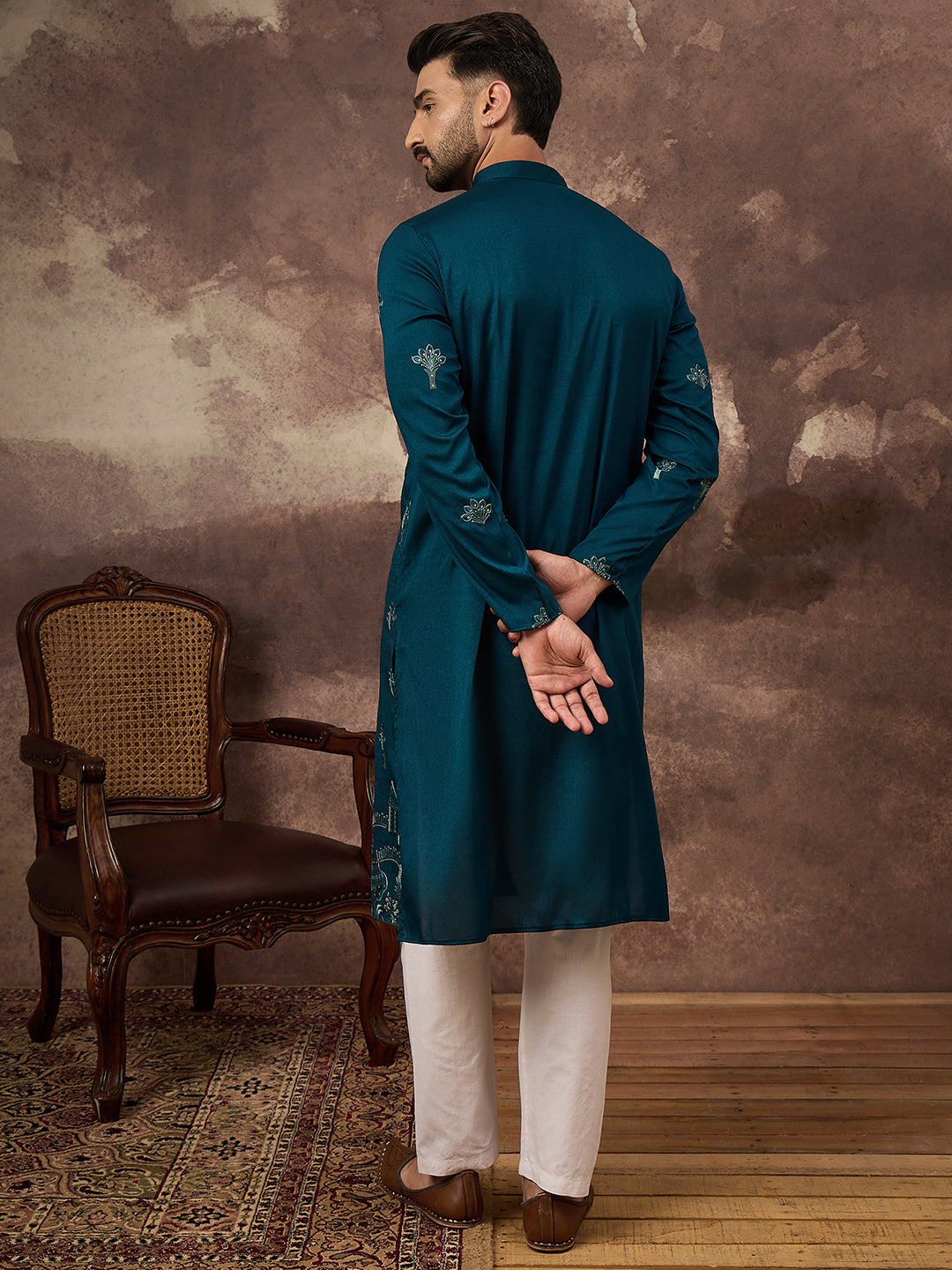 Ethnic Bay Men Blue Silk Blend Solid Embroidered Straight Kurta and Trouser-MKSET1331
