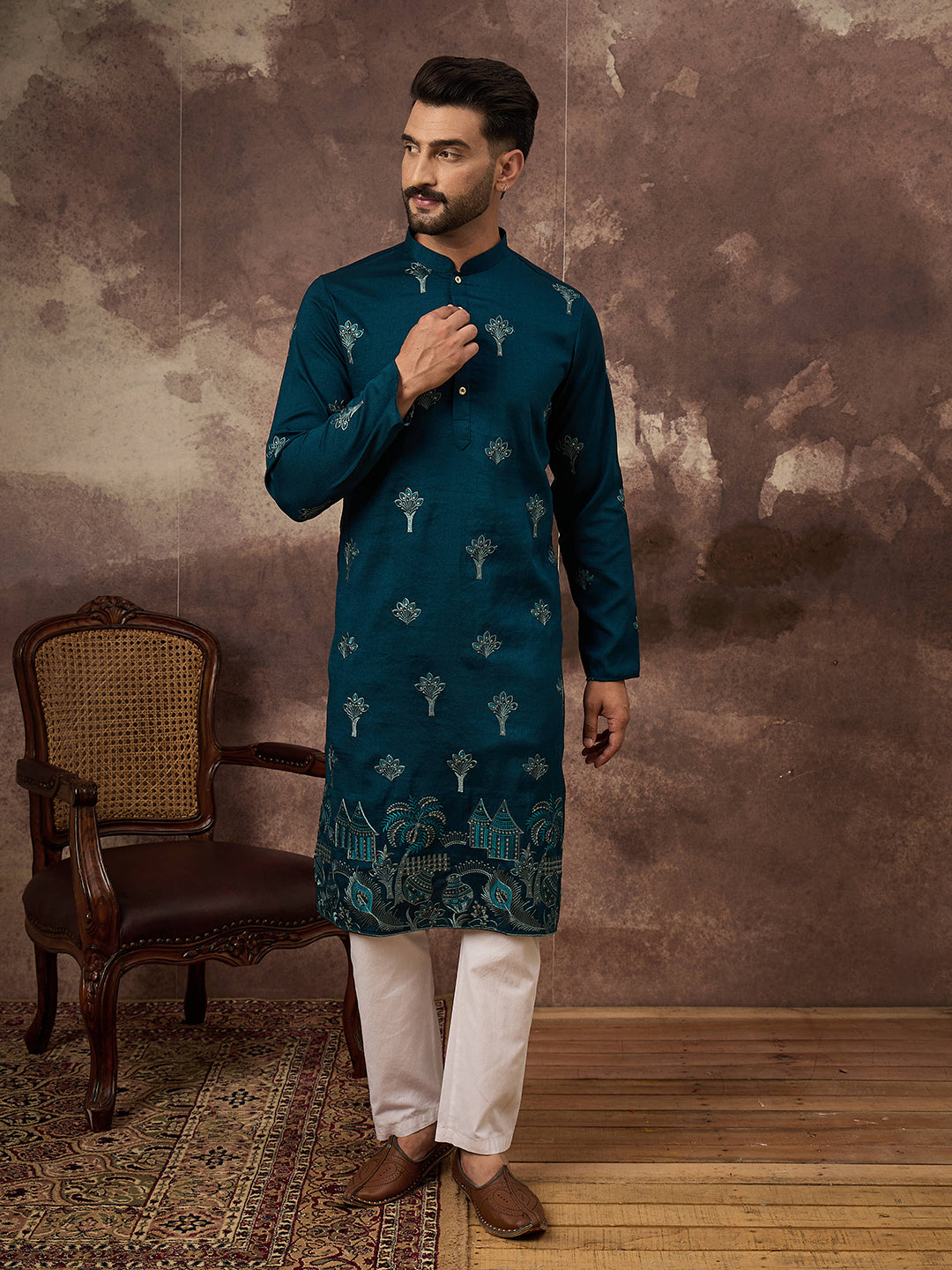 Ethnic Bay Men Blue Silk Blend Solid Embroidered Straight Kurta and Trouser-MKSET1331