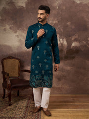 Ethnic Bay Men Blue Silk Blend Solid Embroidered Straight Kurta and Trouser-MKSET1331