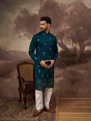 Ethnic Bay Men Blue Silk Blend Solid Embroidered Straight Kurta and Trouser-MKSET1331
